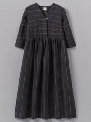 Fine Stripe Linen V-Neck Dress | Onyx